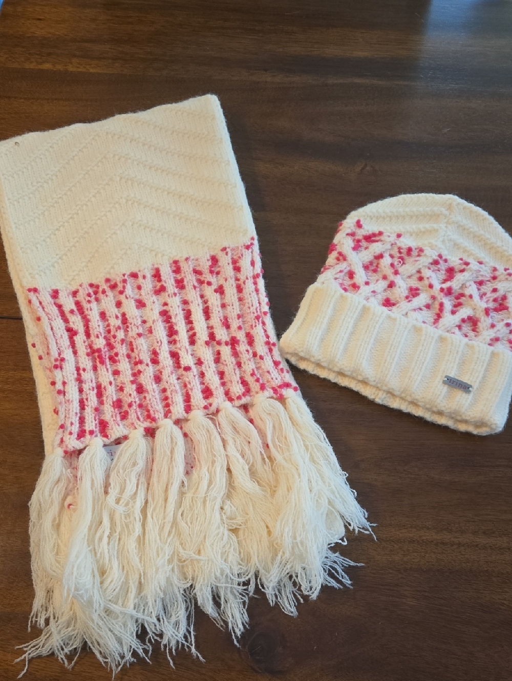 New Trina Turk Cream & Pink Sprinkle San Diego Scarf And Beanie Set